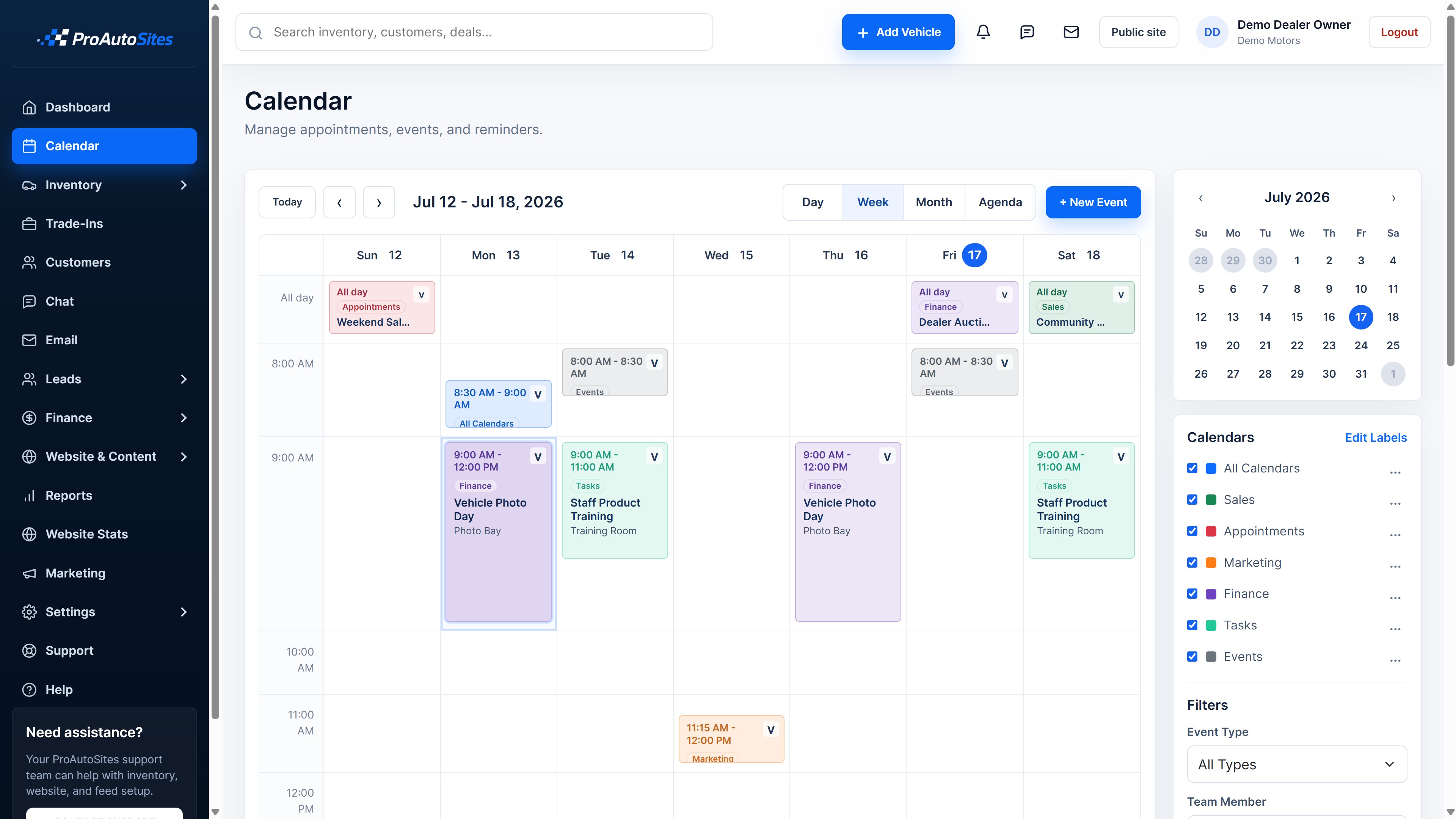 ProAutoSites dealership calendar with appointments, tasks, and events