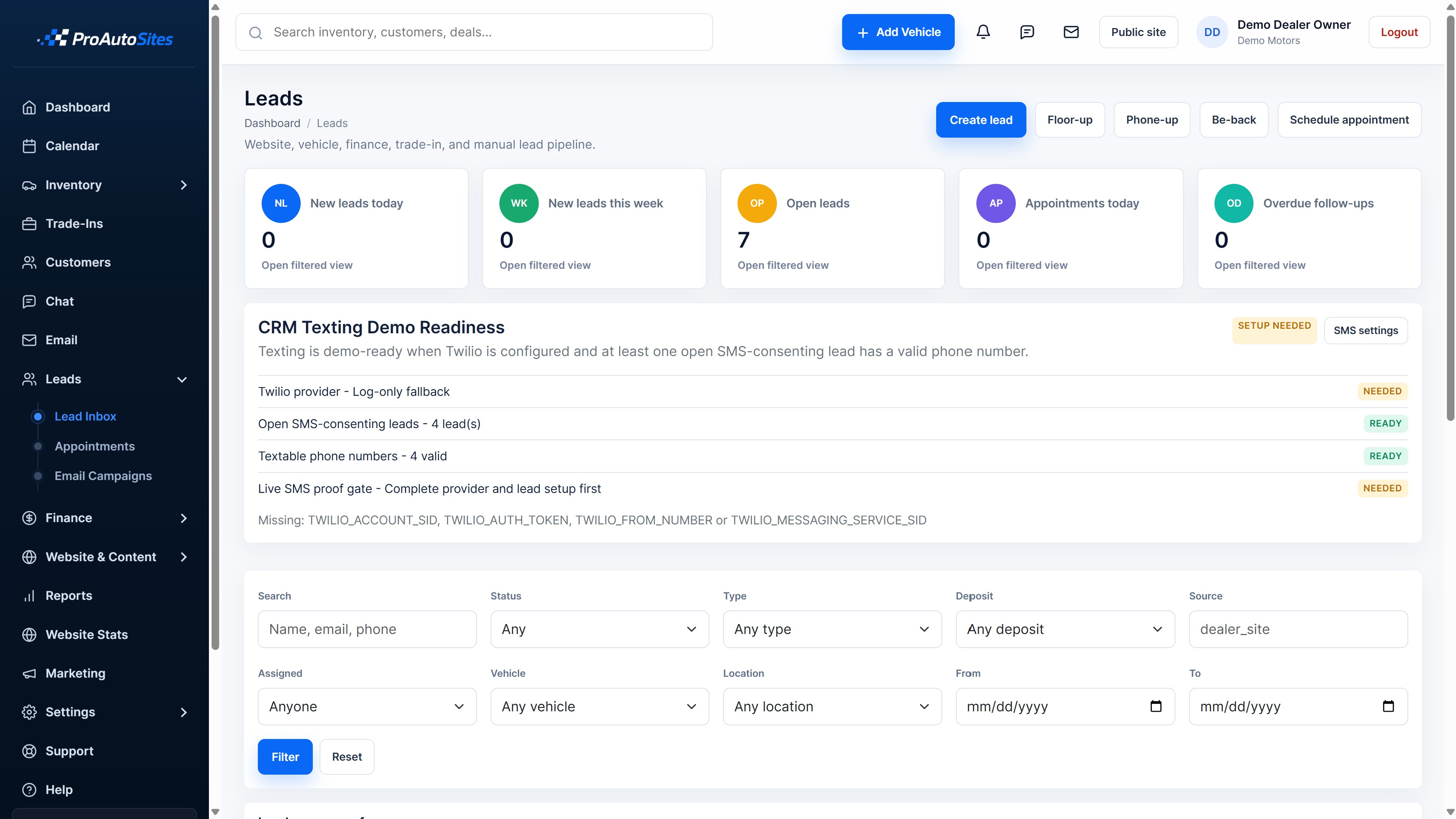 ProAutoSites lead dashboard with pipeline totals, filters, and follow-up tools